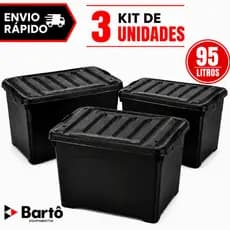 Kit 3 Unidades Caixa Organizadora 95 Litros Preta Injeplastec 95 Litros Com Travas Rodinhas e Alça
