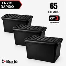 Kit 03 Caixa Organizadora 65 Litros Preta Resistente Com Travas e Rodinhas