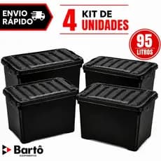Kit 4 Caixa Organizadora 95 litros Preta Com Rodinhas e Trava Para Transporte Injeplastec
