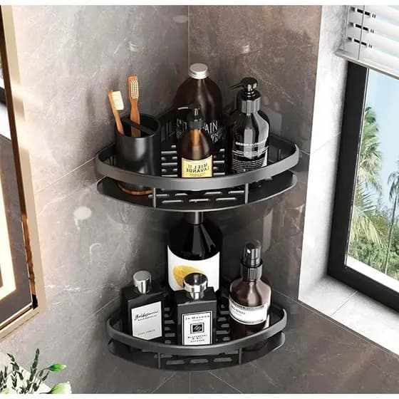 Suporte de Shampoo de Canto Para Banheiro Preto Sem Furo Prateleira Cantoneira Organizador Adesivo