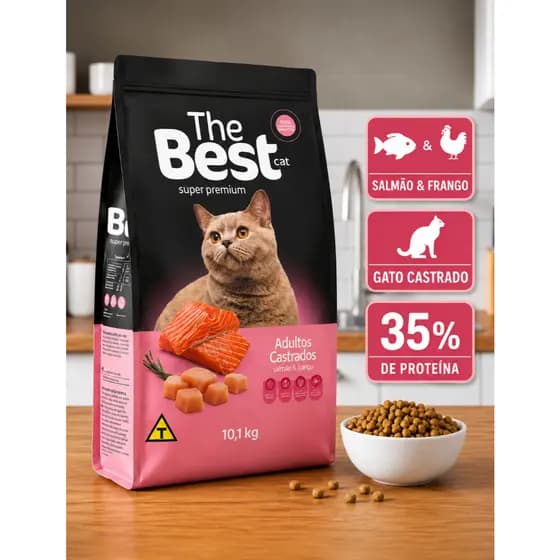 Ração Premium Gatos Adultos Castrados The Best Cat 10,1kg Salmão Frango  Controle Peso Urinário