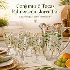 Conjunto de Taças Palmer com Jarra de Vidro 1,5L para Água Suco e Drinks