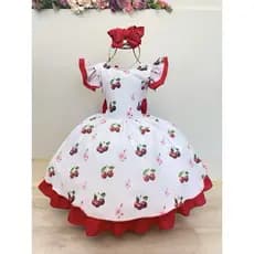 Vestido Infantil Branco e Vermelho com Estampa Cereja Luxo  Cerejinha