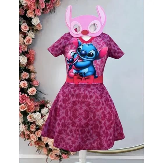 Fantasia Infantil Temática da Angel Stitch Lilo Pink C/ Máscara