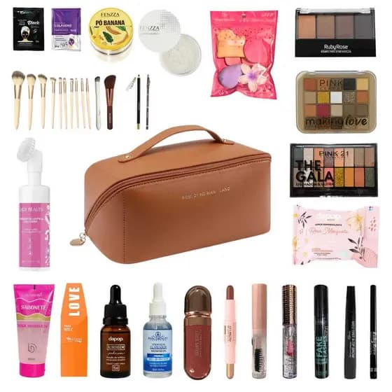 Kit Completo Maquiagem e Skincare 28 Itens com Necessaire Grande Premium, Base, Corretivo, Paleta, Pincéis, Primer
