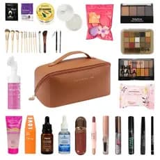 Kit Completo Maquiagem e Skincare 28 Itens com Necessaire Grande Premium, Base, Corretivo, Paleta, Pincéis, Primer