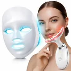 Kit Máscara LED 7 Cores Fototerapia 90 LEDs + Massageador Facial LED Vibratório para Rosto e Pescoço, Sem Fio USB