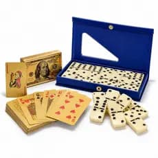 Kit Dominó De Osso Com Estojo + Baralho Dourado PVC Impermeável Anti Rasgo