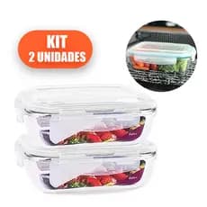 Kit 2 Potes 640ml de Vidro Hermético Marmita Fit com Tampa 4 Travas