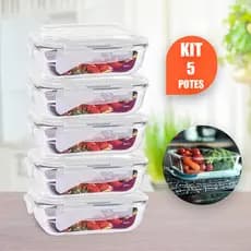 Kit 5 Potes 640ml de Vidro Hermético Marmita Fit com Tampa 4 Travas