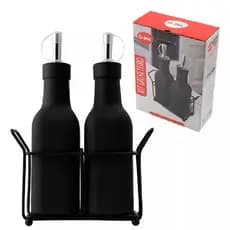 Kit Galheteiro  Porta Azeite de Vidro 180ml 2 Peças Preto Com Dosador