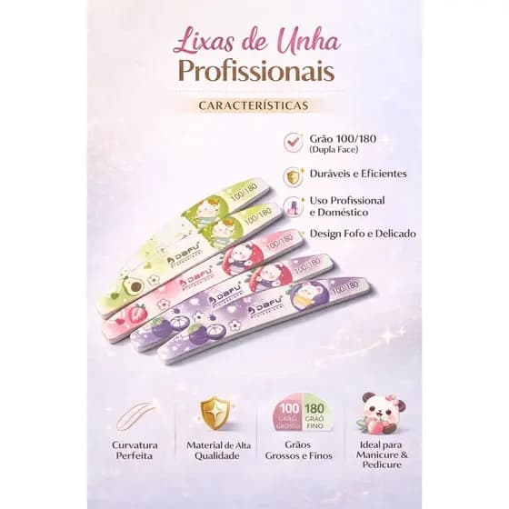 Kit Lixas Polidoras Unhas 100/80 Boomerangue Meia Lua Bannana  e Reta Fibra Gel Acrigel