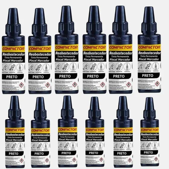 KIT 12 TINTAS REABASTECEDORA PERMANENTE P/ PINCEL MARCADOR PRETO COMPACTOR 30ML