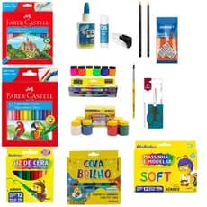 KIT 15 ITENS LAPIS DE PINTAR E GRAFITE CANETINHA APONTADOR FABER ARTES ACRILEX COLA BRANCA TESOURA