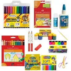 KIT ESCOLAR TESOURA ROSA + CANETA JUMBO BRW + LAPIS 12 COR FABER TRIANGULAR JUMBO + APONTADOR JUMBO