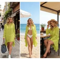 Cover-Up de Praia Feminino com Renda Manga Longa Leve Versátil
