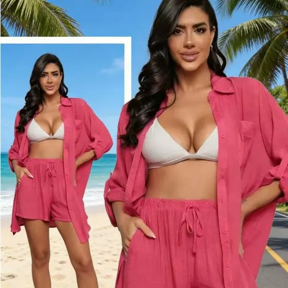 （kit2）Conjunto 2 em 1 de saída de praia em linho rosa: camisa estilosa + shorts de praia respiráveis