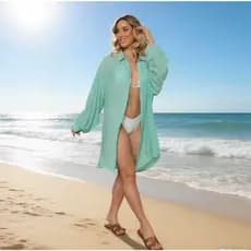 Cover-Up de Praia Camisa Verde Água Leve Fresco para Verão