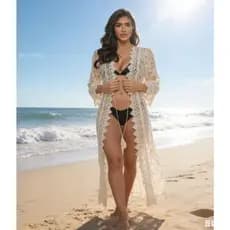 Saída de Praia Longa em Renda  Estilo Boho Chic com Amarração Frontal | Tamanho Único
