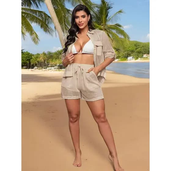 ✨ Conjunto Praia Feminino – Camisa Manga Longa + Shorts Forrado ️