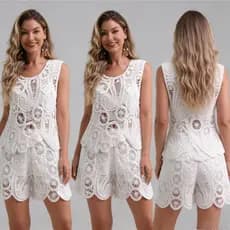 Conjunto Crochê Branco sem Mangas | Renda Bordada Moda Verão Praia Feminina