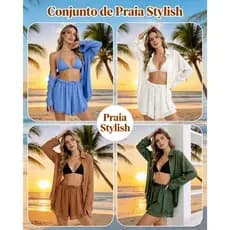 Conjunto Praia 3 Peças Azul | Biquíni + Camisa + Shorts Tecido Leve Verão Feminino