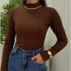 Body Feminino Gola Alta Manga Longa Comprida em Tecido Rivana