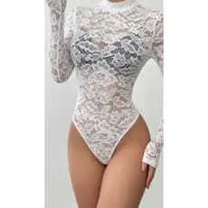 Body Feminino Renda Manga Longa Gola Alta Elegante Tule Transparente Festa Moda Blogueira.