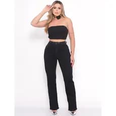 Calça Reta Preto Cintura Alta  Bolso Jeans Moda Tendência Festa