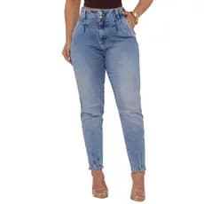 Calça Jeans Feminina Mom Pences Cintura Alta Detalhe Barra Elastano Cós Alto Modelagem