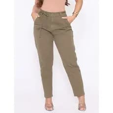 Calça Mom Sarja Feminina Despojada Cós Alto Cordão Ajuste Detalhe Pences Bolsos Modeladora