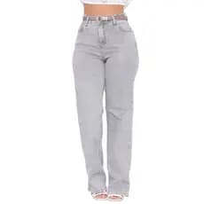 Calça Reta Cintura Alta Feminina Com Cinto