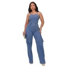 Macacão Jeans Wideleg Cargo