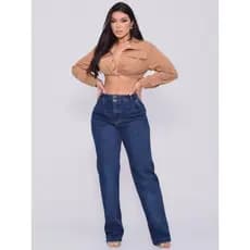 Calça Jeans Wide Leg Reta Dois Botões Pregas na Cintura  Pantalona Modeladora