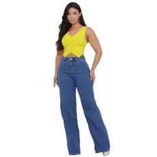 Calça Jeans Feminina Wide Leg Reta Pantalona Levanta Empina Bumbum Bolsos Trabalho Casual