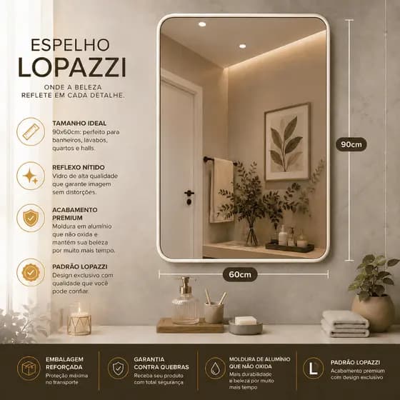 ESPELHO LOPAZZI RETANGULAR COM MOLDURA 90X60CM QUARTO SALA BANHEIRO COZINHA MOLDURA ALUMÍNIO