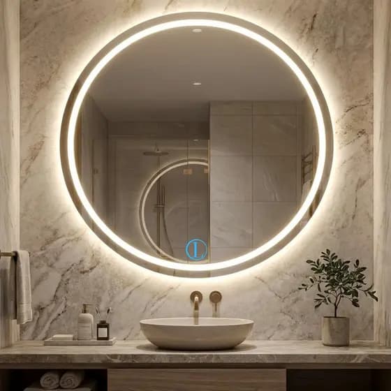 Espelho Lopazzi Redondo com Led Jateado 3tons 100x100 Lapidado P/ Lavabo, Quarto, Penteadeira Estudio de Maquiagem