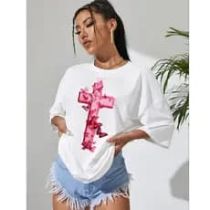 Camiseta Feminina De Ombro Caído Cruz Rosa Evangélica Com Borboleta Estampada Streetwear 100 Algodão Promoção
