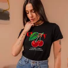 Camiseta Feminina Cherry Estampa Delicada Blusa Blusinha Verão Feminina Algodão