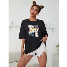 Camiseta Feminina Blusão De Ombro Caido New York NY Grande Colorido Estampada Streetwear 100% Algodão Promoção
