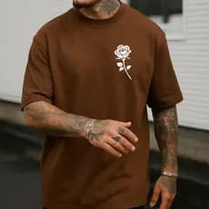 Camiseta Masculina Streetwear Flor No Peito Camisa Tecido Algodão Blusa Unissex Manga Curta Gola Redonda