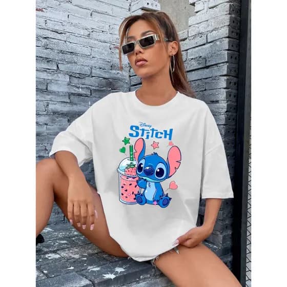 Camiseta Feminina Streetwear 100% Algodão Estampada Stitch Copo Milk Estilo Academia Camisa Unissex Premium LANÇAMENTO