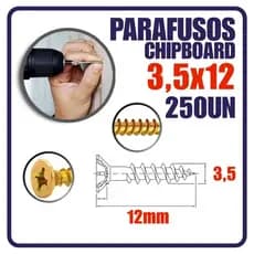 Kit 250 Parafusos Chipboard 3,5x12mm para Moveis Mdf Madeira
