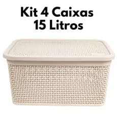 Jogo 4 Caixas Organizadoras 15 Litros Caixa Multiuso Rattan com Tampa Cesto Organizador Alça Lateral