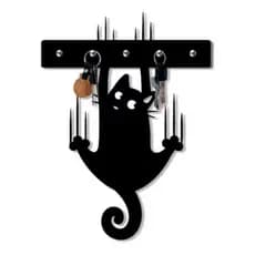 Porta Chaves Gato Caindo Parede  Organizador de Chaveiros e Chaves 3mm Mdf Preto Fosco
