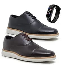 Kit 2 Pares Sapato Oxford Masculino Casual em Couro Moderno e Inovador Modelo Elegante + Relogio