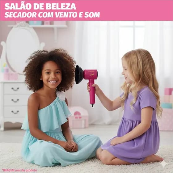 Salão Beleza Infantil Completo Secador Sai Vento Penteadeira Menina Acessórios Espelho Bobs Escova