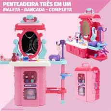 Maleta Penteadeira Bancada Infantil 3 Em 1 Completo Brinquedo Acessórios Maquiagem Espelho Secador