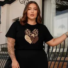 Camiseta Plus Size Feminina Estampa Coração Animal Print Onça blusa confortável Luxo