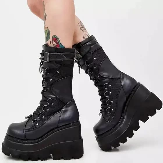 Botas Altas Femininas para Cosplay, Botas de Cano Médio, Botas de Plataforma Alta, Botas de Salto Anabela, Novidade Verã